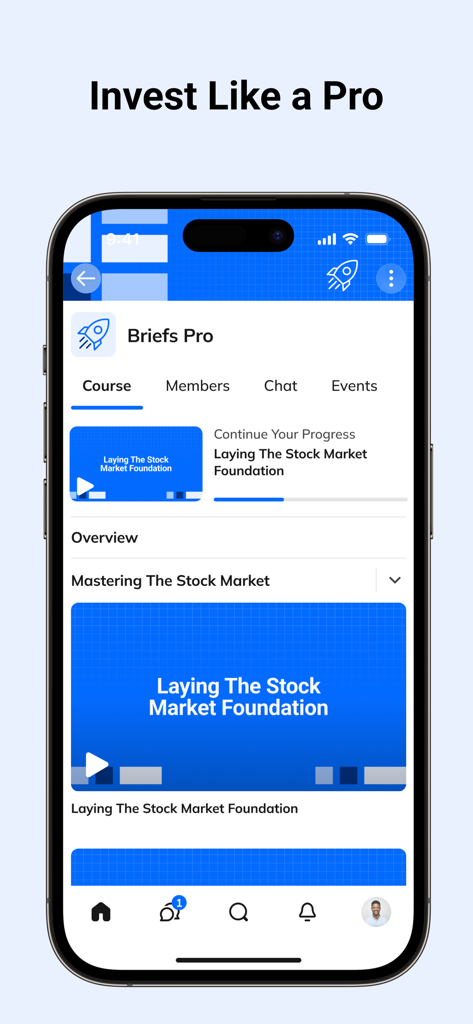 Briefs Finance - Briefs Pro dashboard showing a stock market foundation course and progress tracking.
