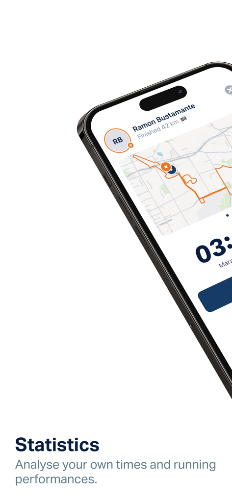 Maratón de Santiago - A smartphone screen showing the Statistics section of the Maratón de Santiago app displaying a runner's 42km performance and race map.