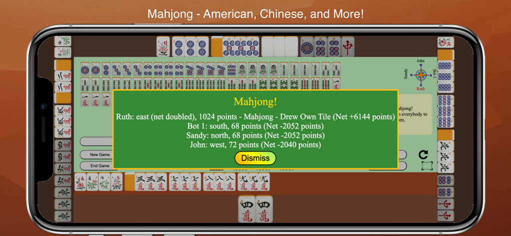 A gameplay screenshot of Mahjong 4 Friends showing a winning score pop-up over a board of tiles