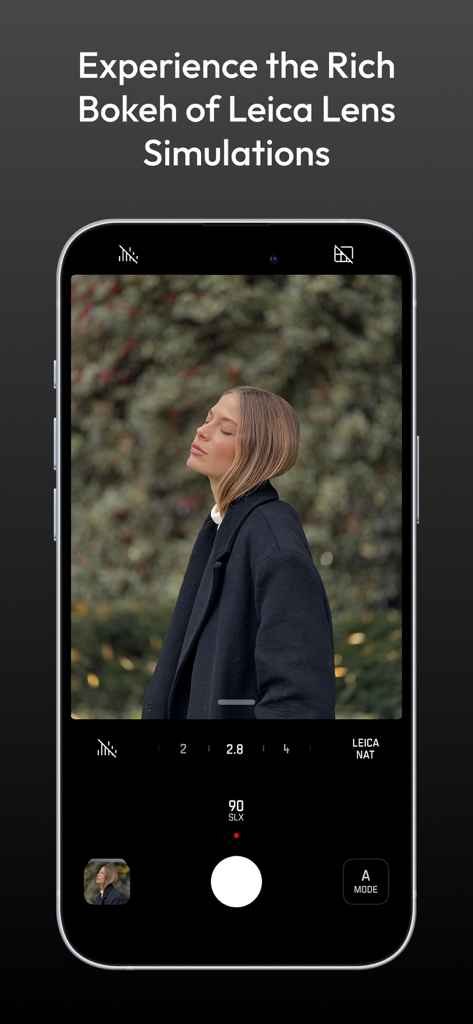 iPhone screen displaying the Leica LUX app interface with a portrait photo highlighting the rich bokeh effect from lens simulations