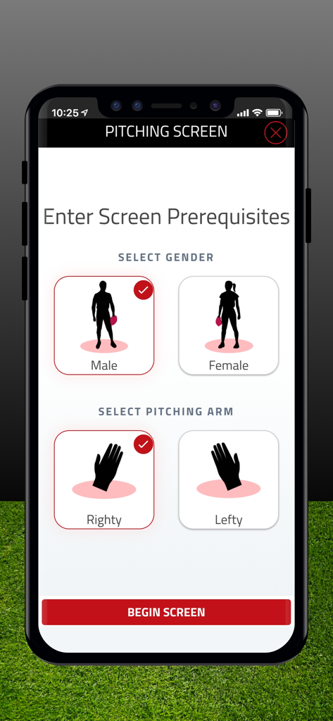 OnBaseU - OnBaseU mobile app screen for selecting player gender and pitching arm before starting a physical assessment