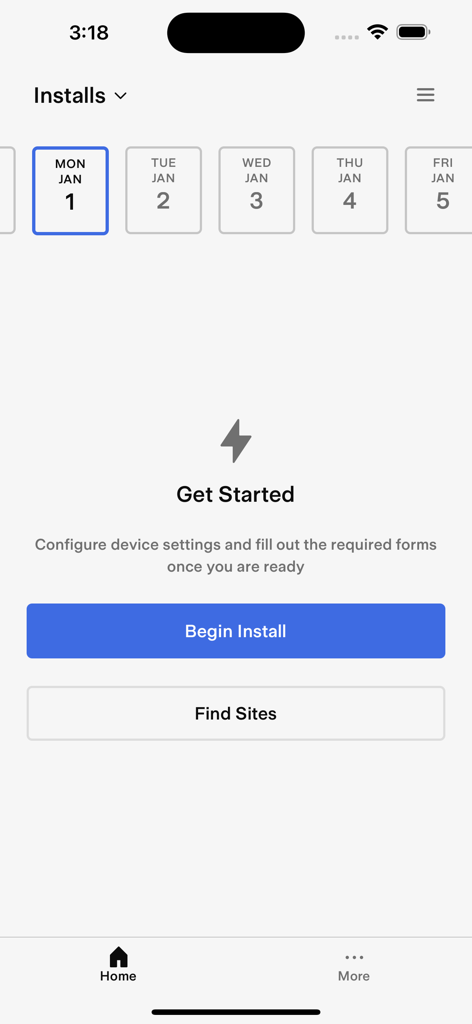Tela inicial do aplicativo Tesla One mostrando opções para iniciar a instalação ou encontrar locais com visualização de agenda semanal