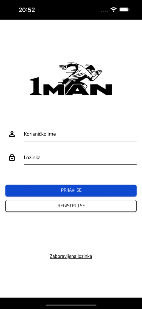 1MAN STUDIO - Login screen of the 1MAN STUDIO fitness app featuring the logo and fields for username and password