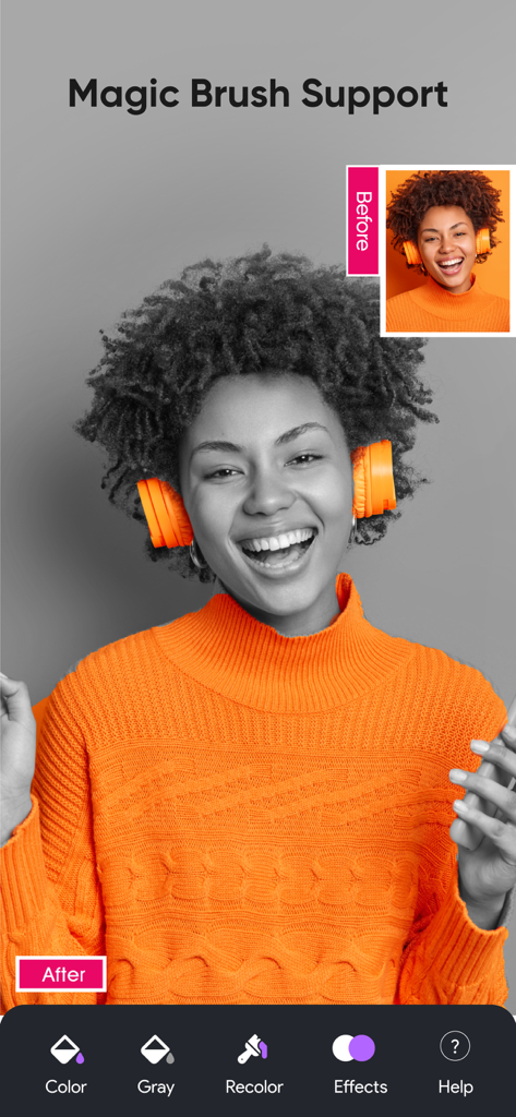 A photo edit showing a selective coloring effect where an orange sweater stands out against a grayscale background