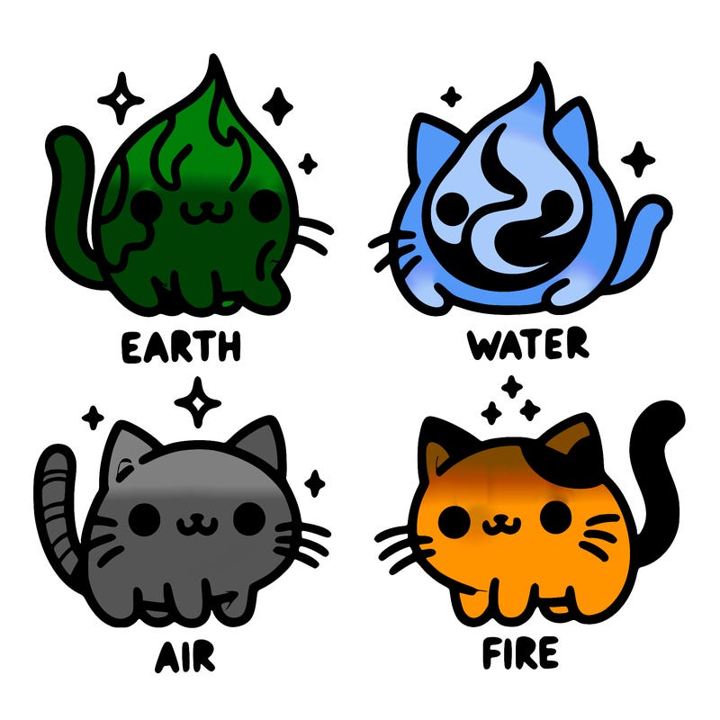 4 cats that represent the different elements, earth, water, air, and fire