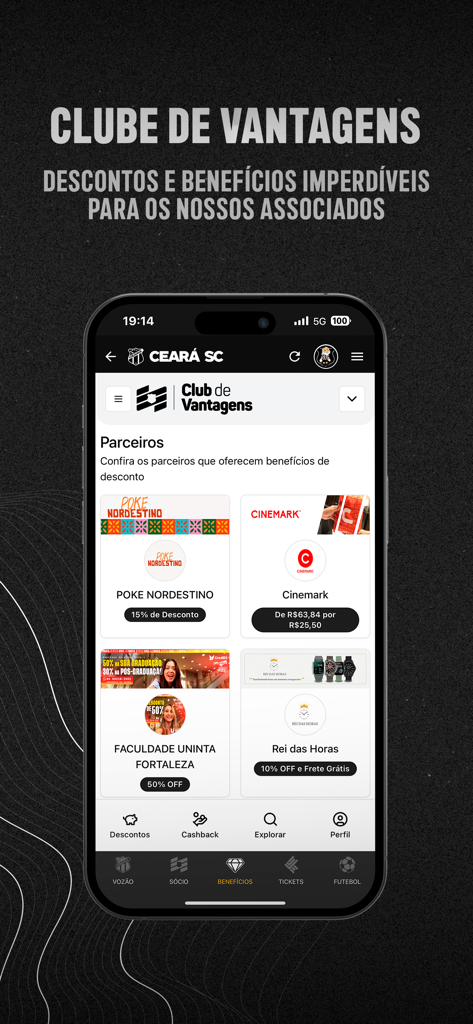 Ceará Sporting Club - Clube de Vantagensセクションの会員特典と提携割引を示すCeara Sporting Clubアプリ画面