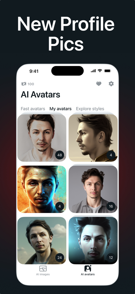 IM AI Avatar - New Profile Pic - Interfaz de la app móvil mostrando una cuadrícula de avatares generados por IA en diferentes estilos artísticos bajo la pestaña Mis Avatares.
