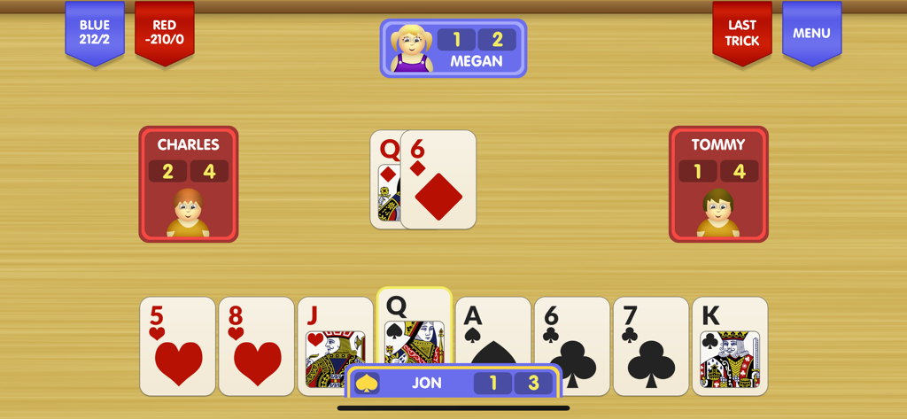 Spades ∙ - A Spades card game session on a mobile device showing the players hands and game score