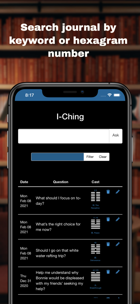 I-Ching App of Changes - I-Ching App of Changes journal screen showing a list of saved readings and a search bar