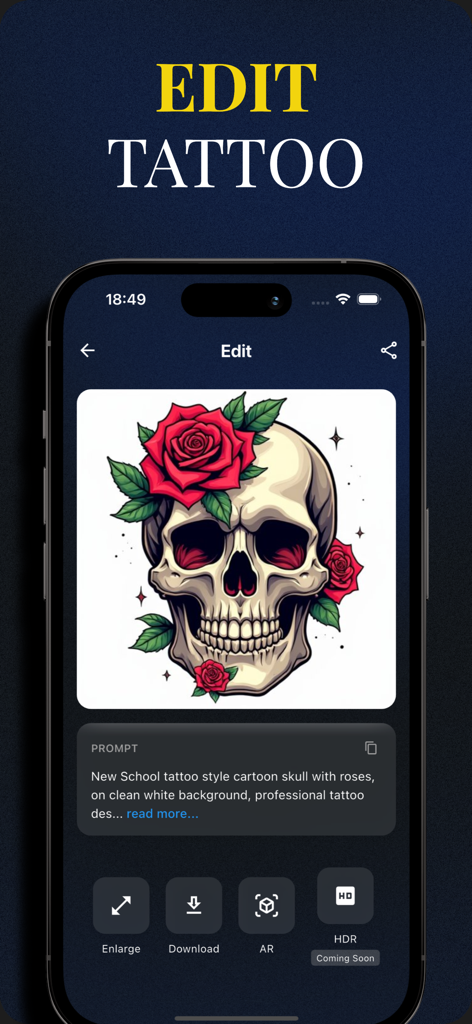Tattoo AI Generator & Maker - Interface do aplicativo Gerador de Tatuagem IA apresentando um design de caveira e rosas com opções de edição