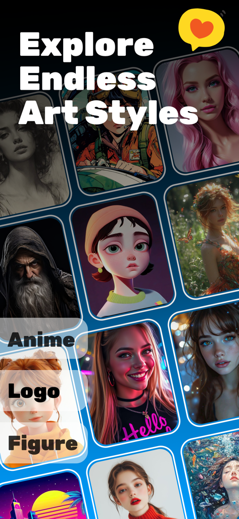 Flux Kontext-AI Art Generator - Flux Kontextアプリ画面に、さまざまなAI生成アートスタイルとカテゴリが表示されている