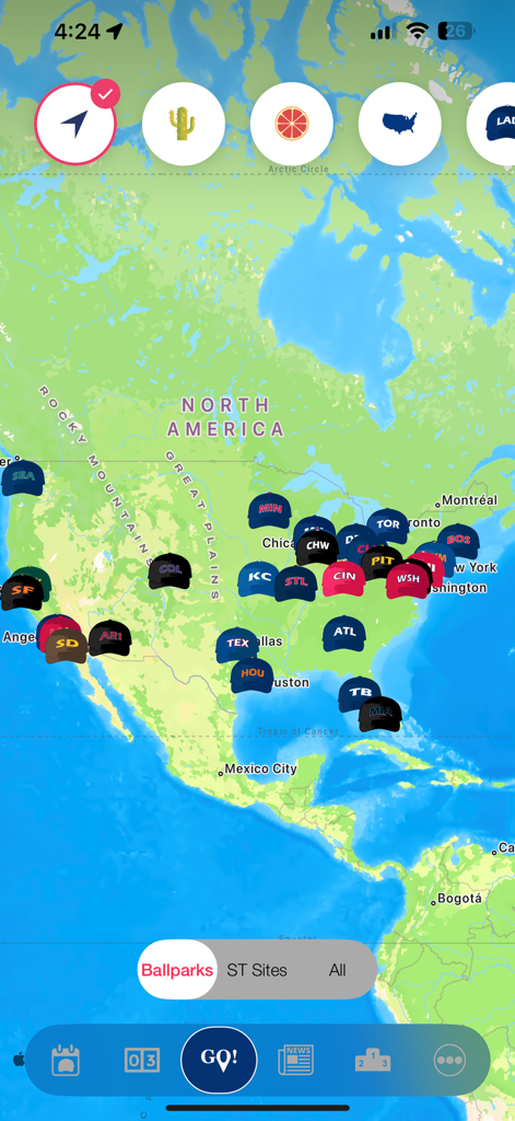 A map view of North America showing professional baseball stadium locations with team cap icons
