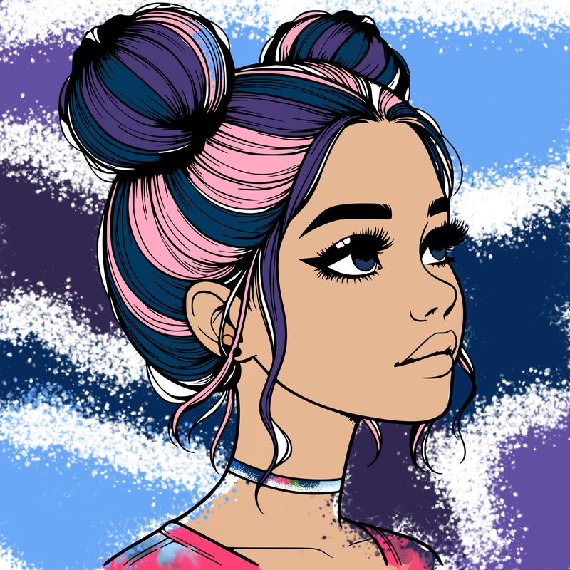 realistic girl with buns on the top of her head