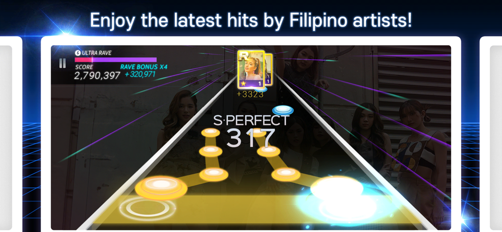 SuperStar PHILIPPINES - Gameplay interface of SuperStar PHILIPPINES rhythm game featuring P-Pop artists and scrolling music notes