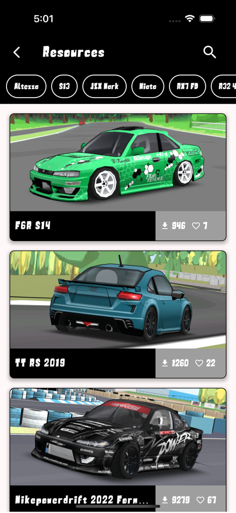 Skins for FR Legends - Uma galeria de skins de carro personalizadas e liveries para FR Legends mostrando vários designs de veículos