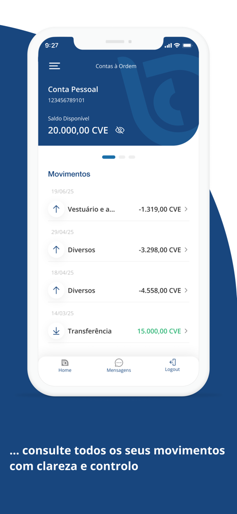 Mobile interface of BCADirecto app showing Cape Verdean bank account balance and transaction movements.