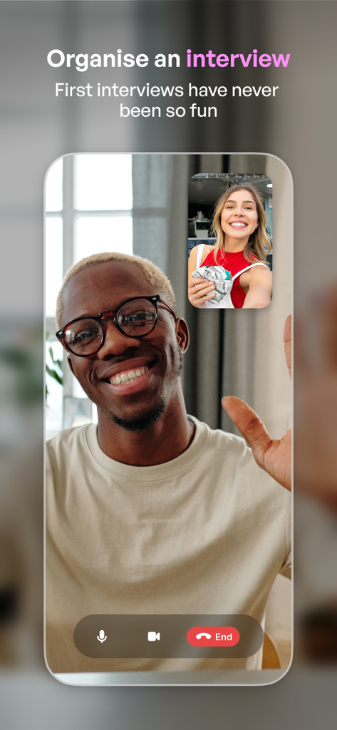Getahead - Swipe a job today - A video call screen within the Getahead app demonstrating an easy in-app interview feature.