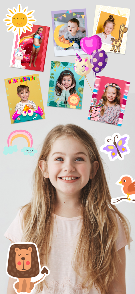 Children's Photo Frames - A smiling young girl surrounded by playful digital stickers and framed photos of other children decorated with colorful themes