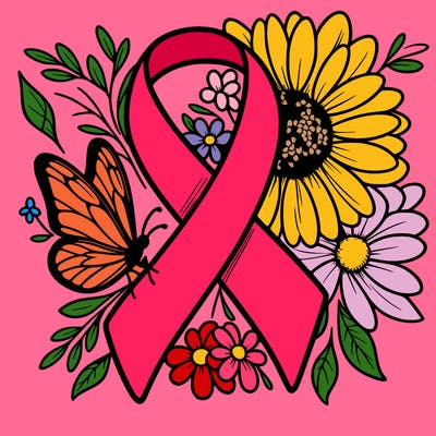 cancer awareness symbol with flowers and butterflies