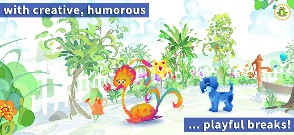 Lazuli 4+ - ラズリ 4プラス教育アプリの、青い犬と明るい鳥がいるカラフルで芸術的な庭の風景