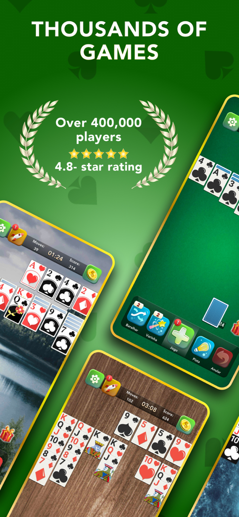 Solitaire Classic Card Game. - Pantallas de la aplicación Solitario Clásico que muestran múltiples temas y calificaciones de jugadores