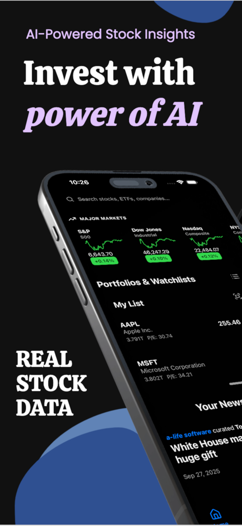 Stock Market - AI Insights - Mobile app interface for AI-powered stock insights showing real-time market data and portfolio watchlists