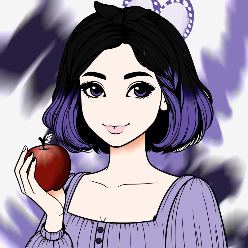 a woman with medium short hair, wearing a headband with a small bow, carrying an apple in her hand, realistic