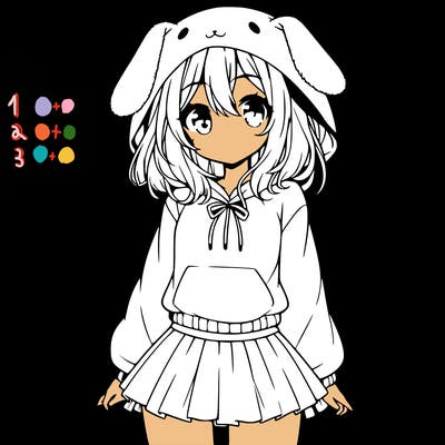 pretty anime girl wearing a fluffy hoodie with bunny ears on the hood and a skirt