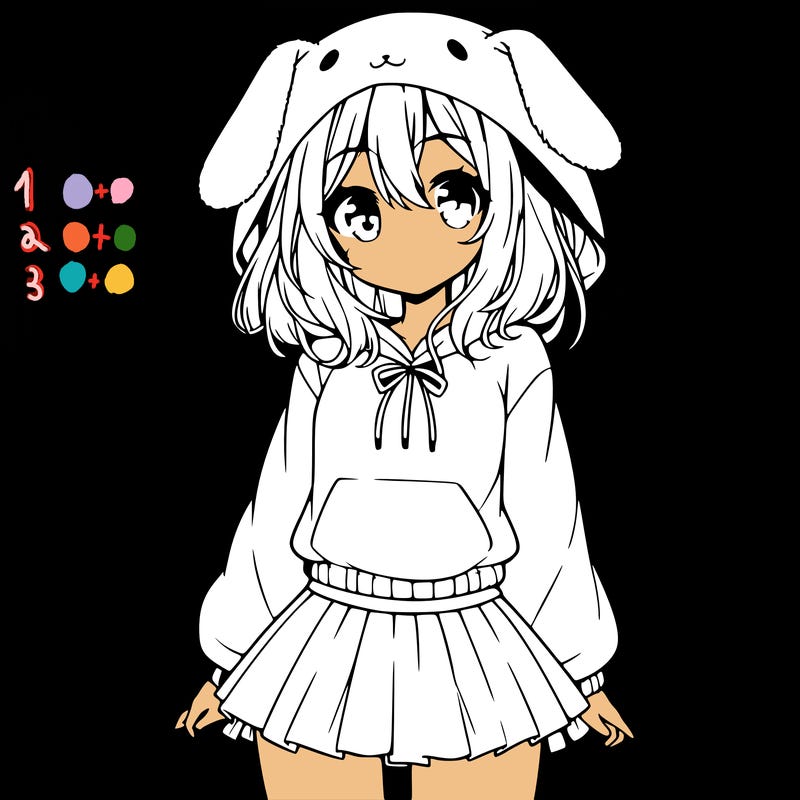 pretty anime girl wearing a fluffy hoodie with bunny ears on the hood and a skirt