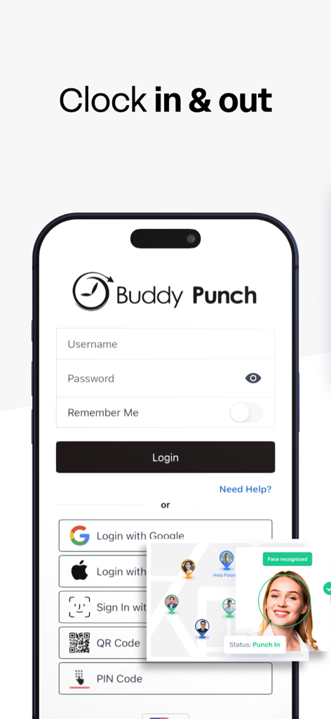 Buddy Punch app login screen with multiple authentication methods and facial recognition feature