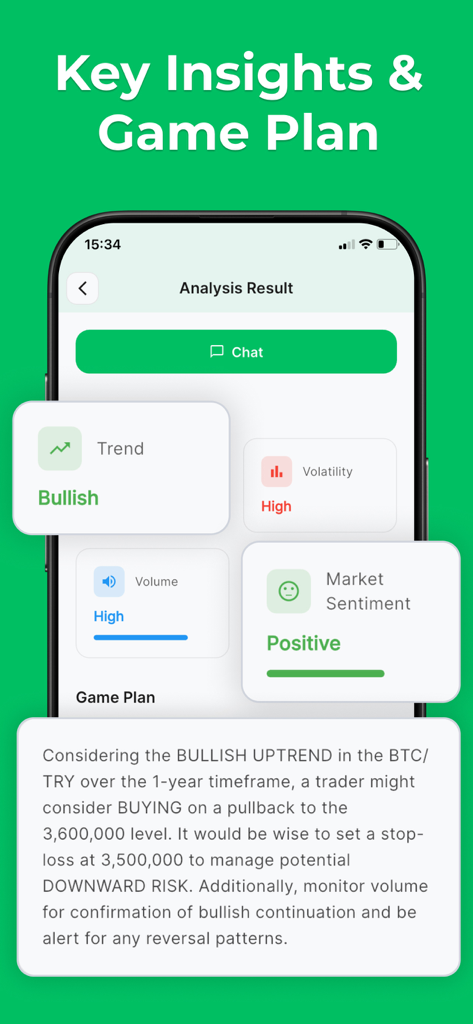 Écran mobile montrant les résultats d'analyse de Trade AI avec une tendance haussière et un sentiment de marché positif.