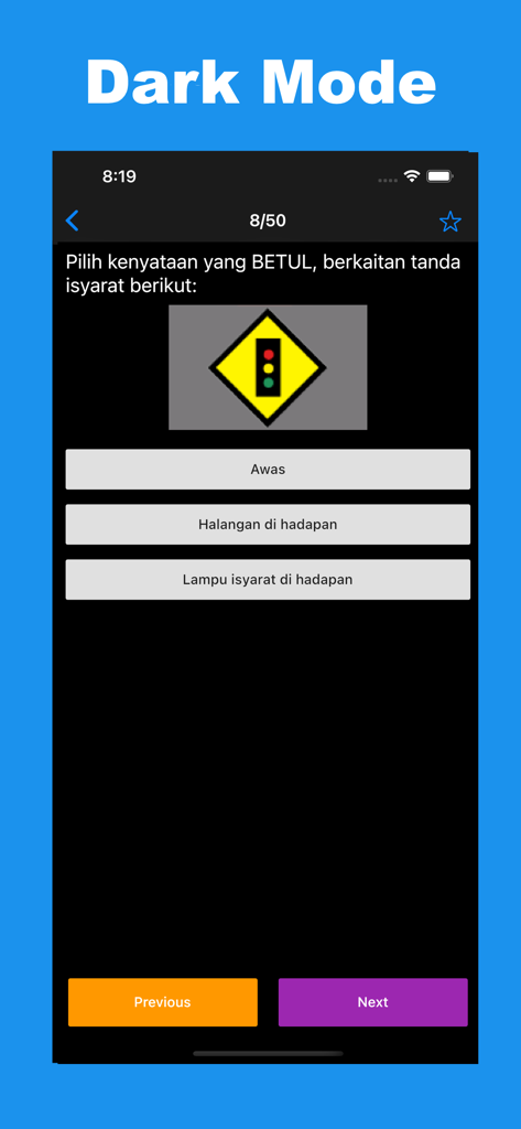 Quiz screen of the KPP Test 2026 app in dark mode featuring a road sign question
