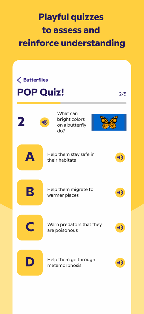 BrainPOP Jr. - Interfaz de la aplicación BrainPOP Jr. que muestra un cuestionario de opción múltiple sobre mariposas para niños