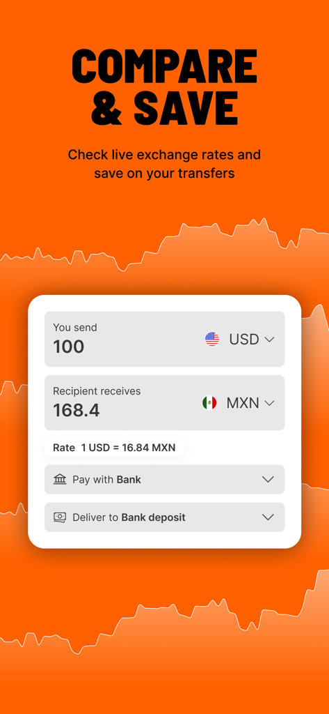 Currency converter interface in the Ria app showing live exchange rates from USD to Mexican Pesos
