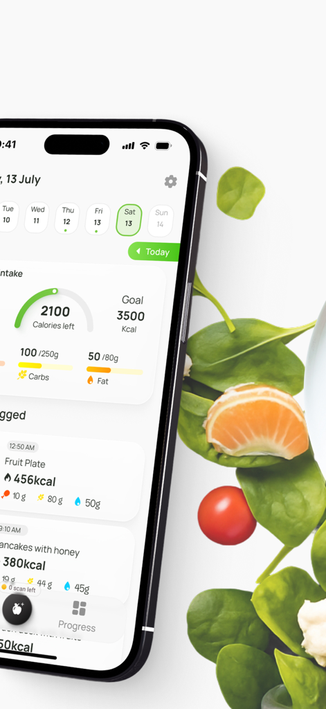 AI Calorie Counter & Meal Plan - Mobile App-Oberfläche, die tägliche Kalorienziele und erfasste Mahlzeiten mit Makroaufschlüsselungen zeigt