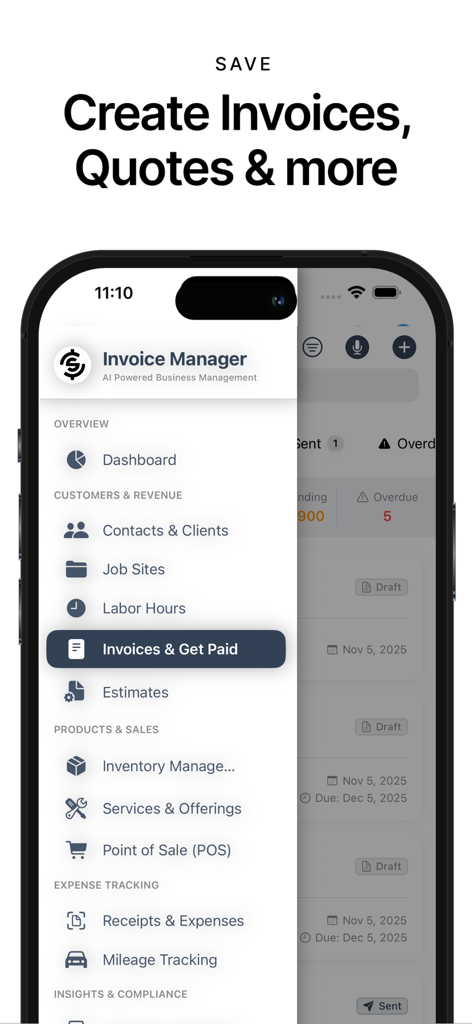 Invoice Manager - Invoice Manager app side menu showing business management features like invoicing and mileage tracking