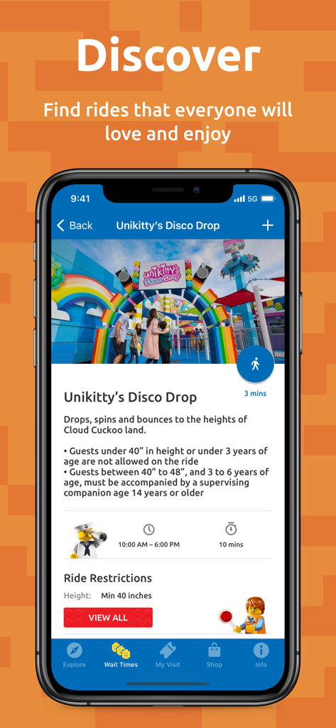 LEGOLAND® Florida Resort - Unikitty Disco DropのLEGOLANDフロリダのアトラクション詳細を表示するモバイルアプリ画面、身長と年齢制限あり