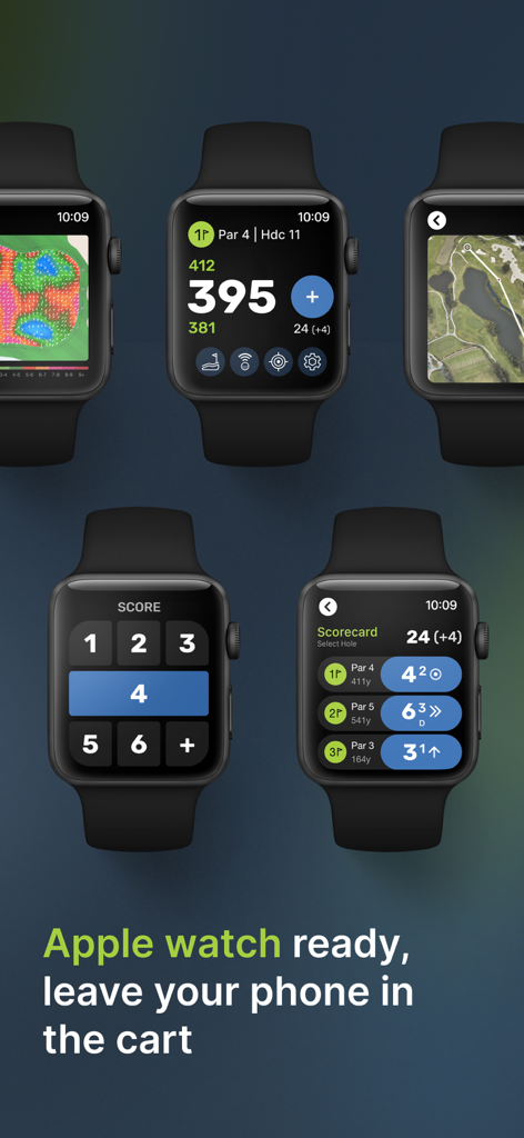 TheGrint App-Oberfläche auf der Apple Watch, die Golf-GPS-Entfernungen, Grünkarten und digitale Scorekarten-Funktionen anzeigt.