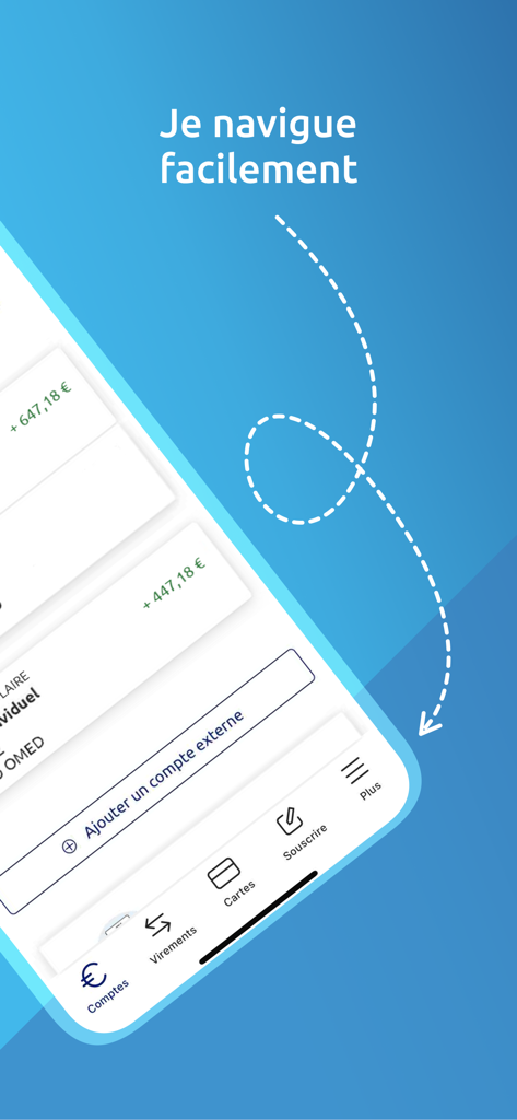 Banque Populaire mobile app dashboard on iPhone with account balance overview and navigation menu