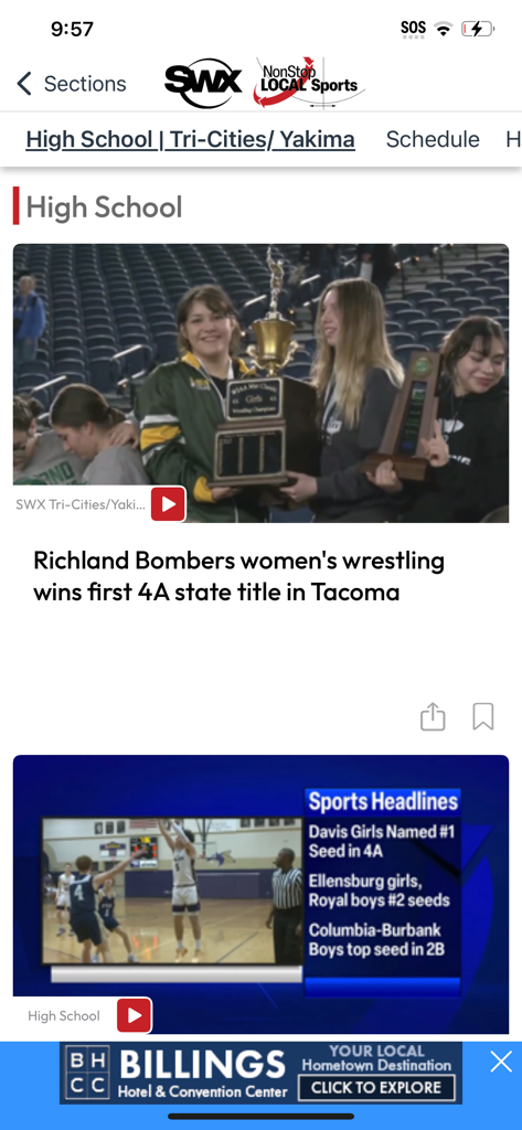 SWX Local Sports - Screenshot of the SWX Local Sports app showing local high school wrestling and basketball news headlines.