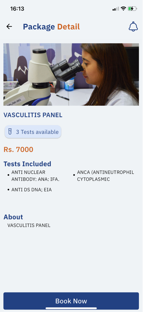 National Path Lab - National Path Lab app interface showing details and pricing for a Vasculitis Panel health package.