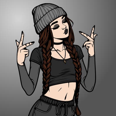 realistic teenage girl with braids and a beanie and crop top doing 🫶🏼