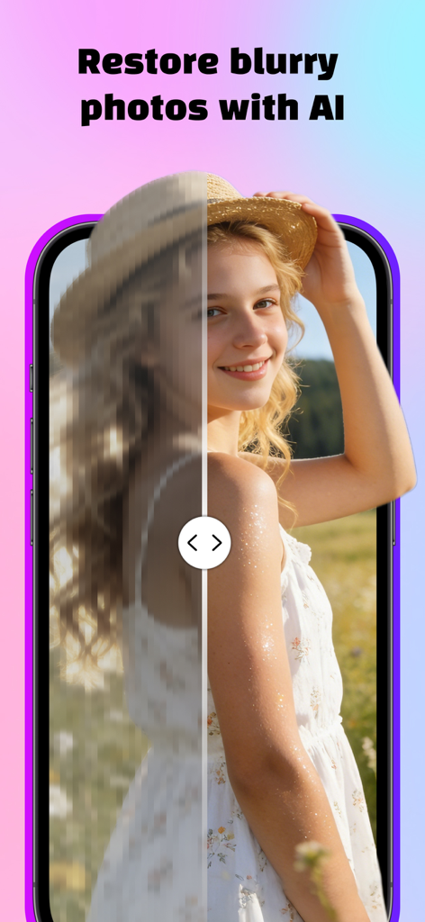 PixelMint – AI Photo Magic - Una comparación lado a lado de una foto borrosa siendo restaurada con IA