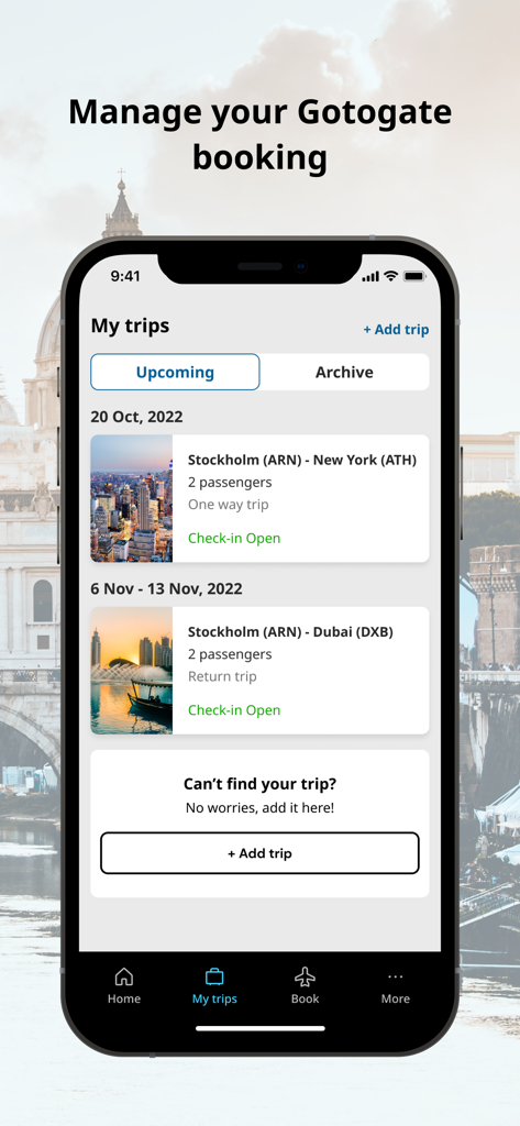 Gotogateモバイルアプリのインターフェース。ニューヨークとドバイへの今後のフライト予約リストを表示