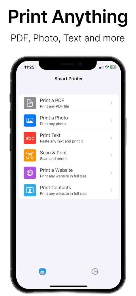 Mobile Print - Printer ePrint - Mobile Print app interface showing options to print PDF, photos, text, websites and scan documents