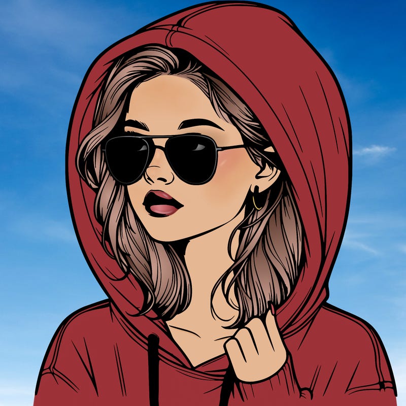 realistic teenage girl, wearing a hoodie and sunglasses