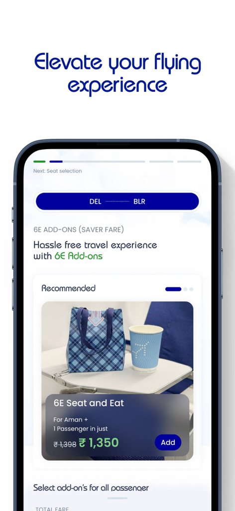 Schermata dall'app IndiGo che mostra i componenti aggiuntivi di viaggio 6E Seat e Eat per una prenotazione di volo.