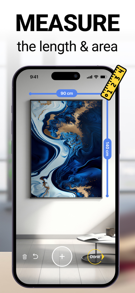 Photo to PDF Convert Scanner + - Aplicación de smartphone midiendo las dimensiones de una pintura en una pared usando una regla digital
