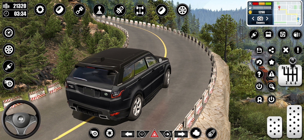 City Driving School Car Games - A black SUV driving on a winding mountain road in a car simulator game with detailed dashboard controls.
