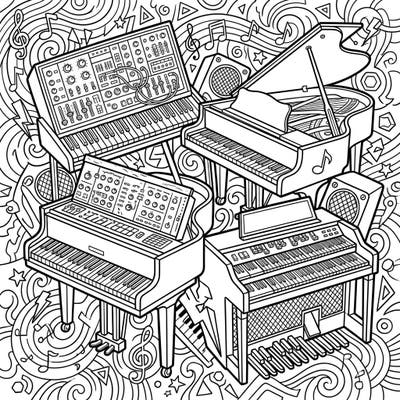 Unleash your inner musician with this dynamic coloring page featuring a cool collection of keyboard instruments. Designed especially for teens, it combines intricate detail with trendy musical aesthetics for a super fun artistic challenge.